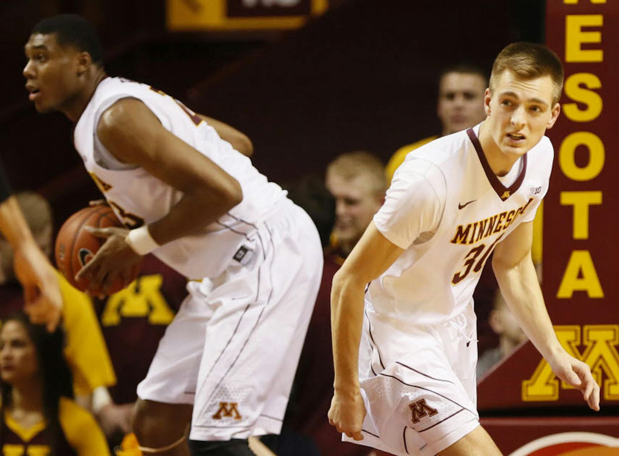 New Gophers player Mike Lukashewich (30) made it into the game against Seattle during the second half Friday. The Gophers beat Seattle 92-57.