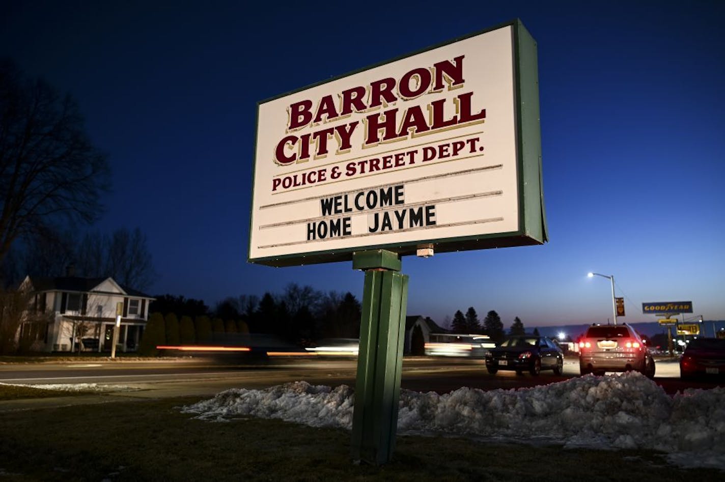 The sign outside of Barron City Hall the morning after 13-year old Jayme Closs was found.