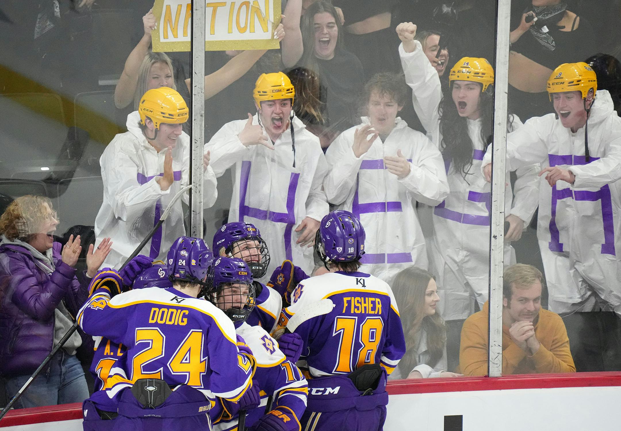 Cretin-Derham Hall players and fans celebrate after the last goal of the game in the third period.