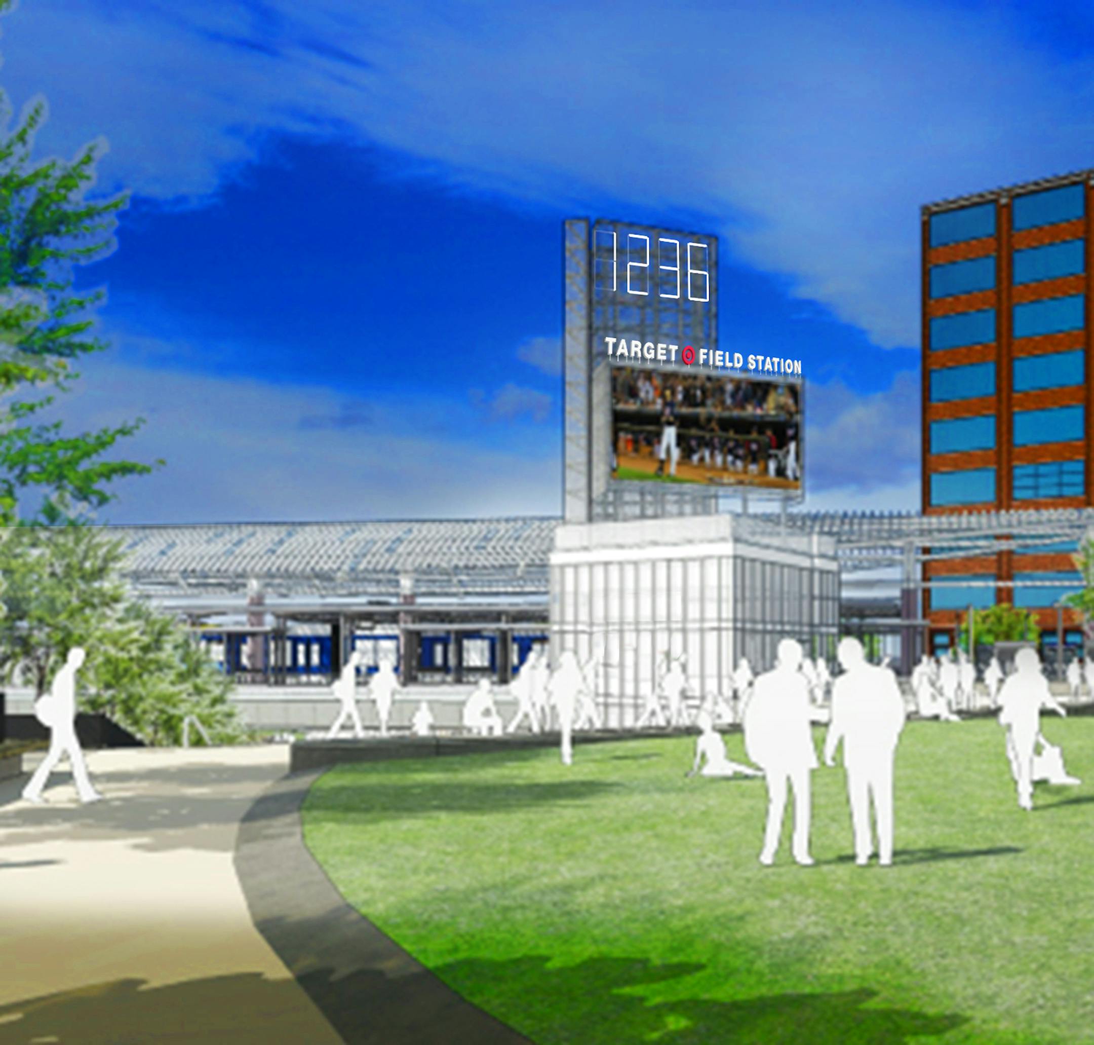 A rendering of the proposed video board at Target Field Station. This view is from the Great Lawn looking back toward the transit platforms.