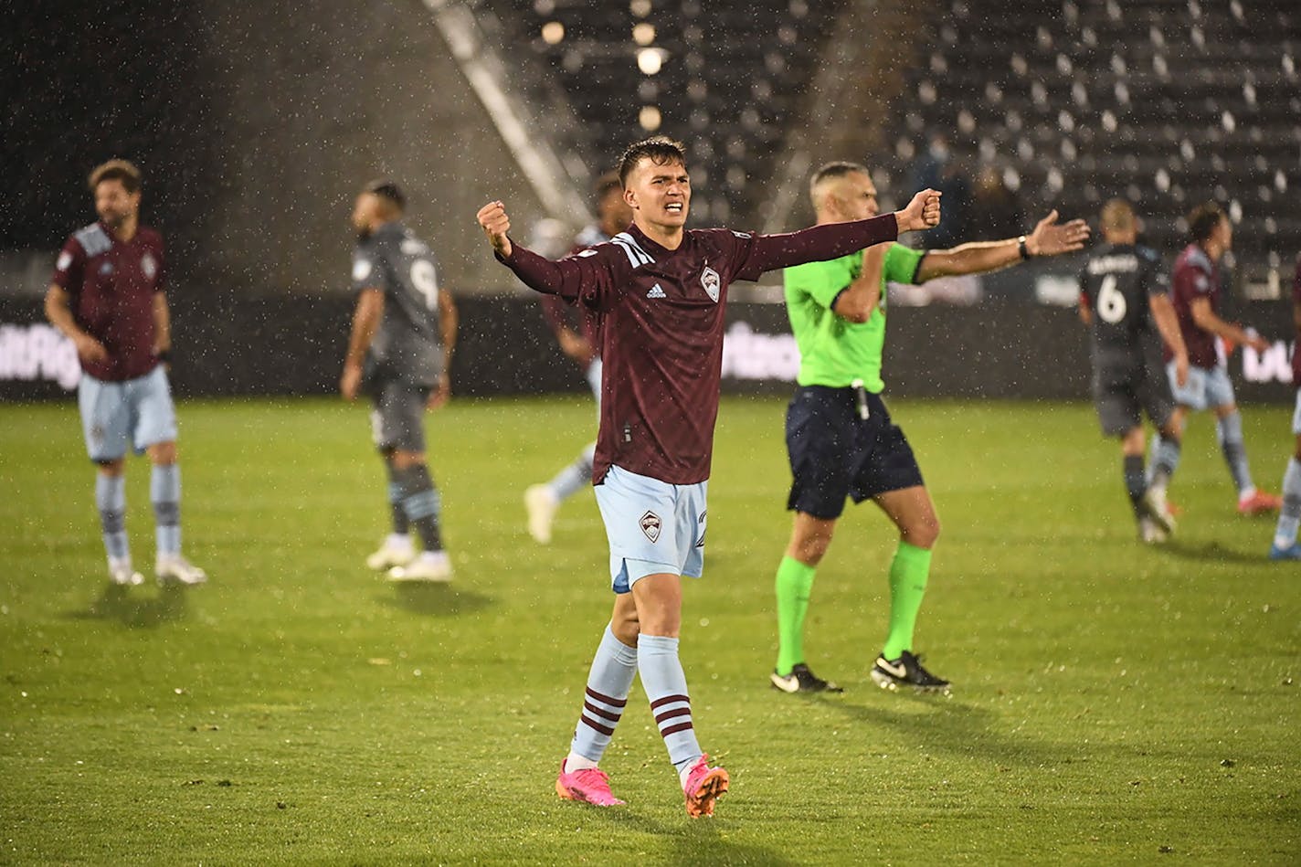 Colorado Rapids midfielder Cole Bassett celebrates the team's win against Minnesota United in an MLS soccer match Saturday