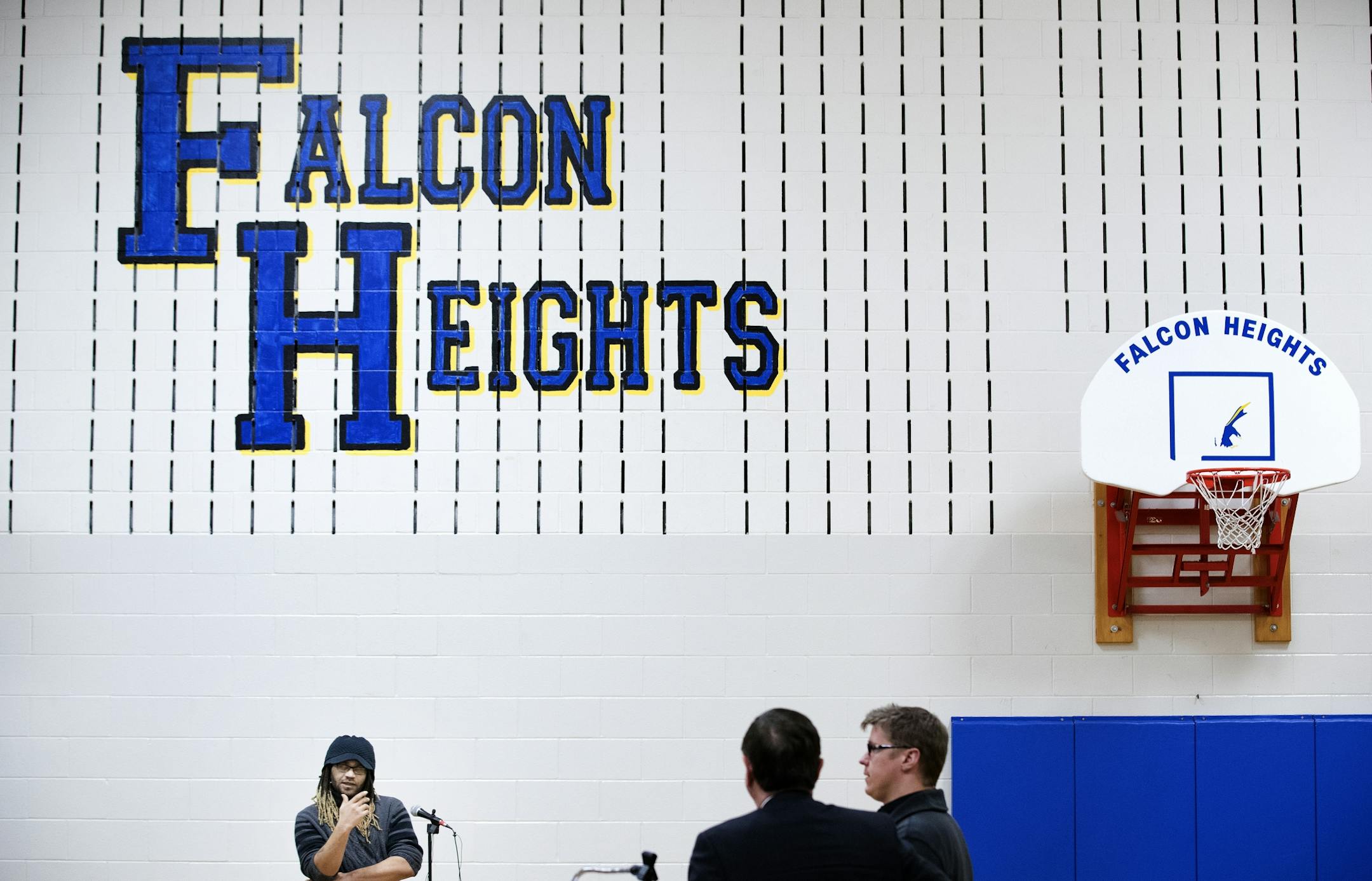 Curtis Avent of St. Paul spoke during a Department of Justice listening session at Falcon Heights Elementary School on Monday night.