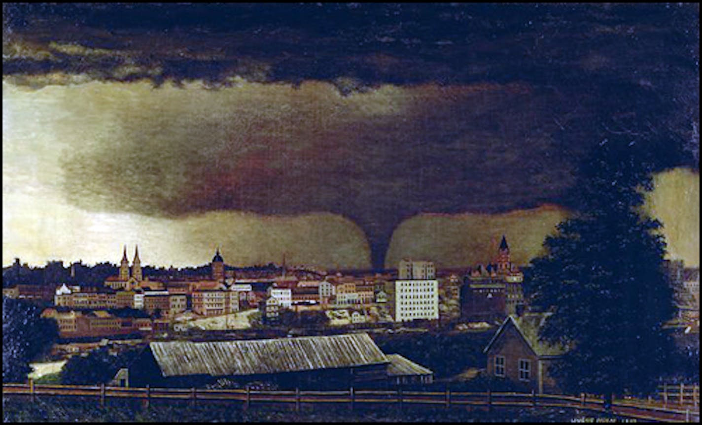 Julius Holm's 1893 oil painting shows the Kohlman Lake tornado as it skirted the edge of St. Paul.