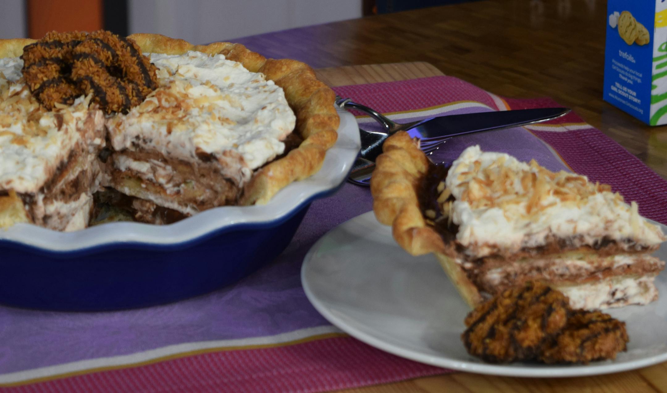 Chocolate Coconut Chantilly Pie alternates layers of pie crust, chocolate pudding mixed with Samoas, and whipped cream mixed with toasted coconut.(Photo courtesy of Michele Berg)