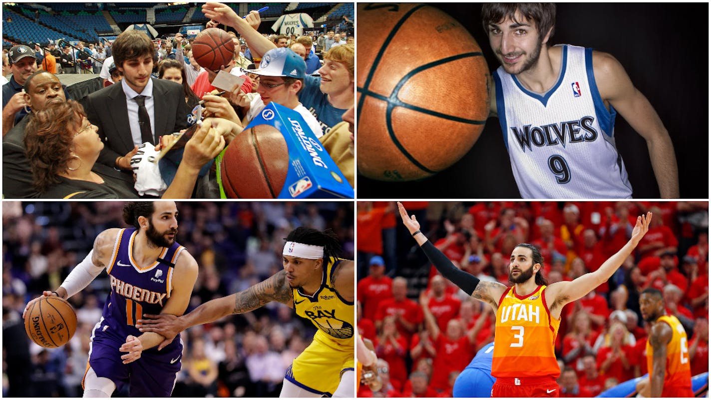 Clockwise: Ricky Rubio signs autographs after being drafted by the Wolves and poses during a photo shoot in 2009. Rubio was traded to Utah and then went to Phoenix last season.