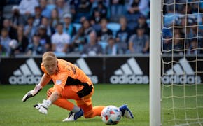 Colorado Rapids goalkeeper William Yarbrough (22) watched Goal! Minnesota United FC Adrien Hunou's first half shot roll past him to find the bottom ri