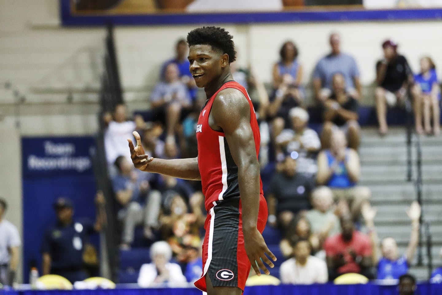 Georgia guard Anthony Edwards reacts after making a 3-point shot over Michigan State during the second half of an NCAA college basketball game Tuesday, Nov. 26, 2019, in Lahaina, Hawaii. (AP Photo/Marco Garcia) ORG XMIT: HIMG226