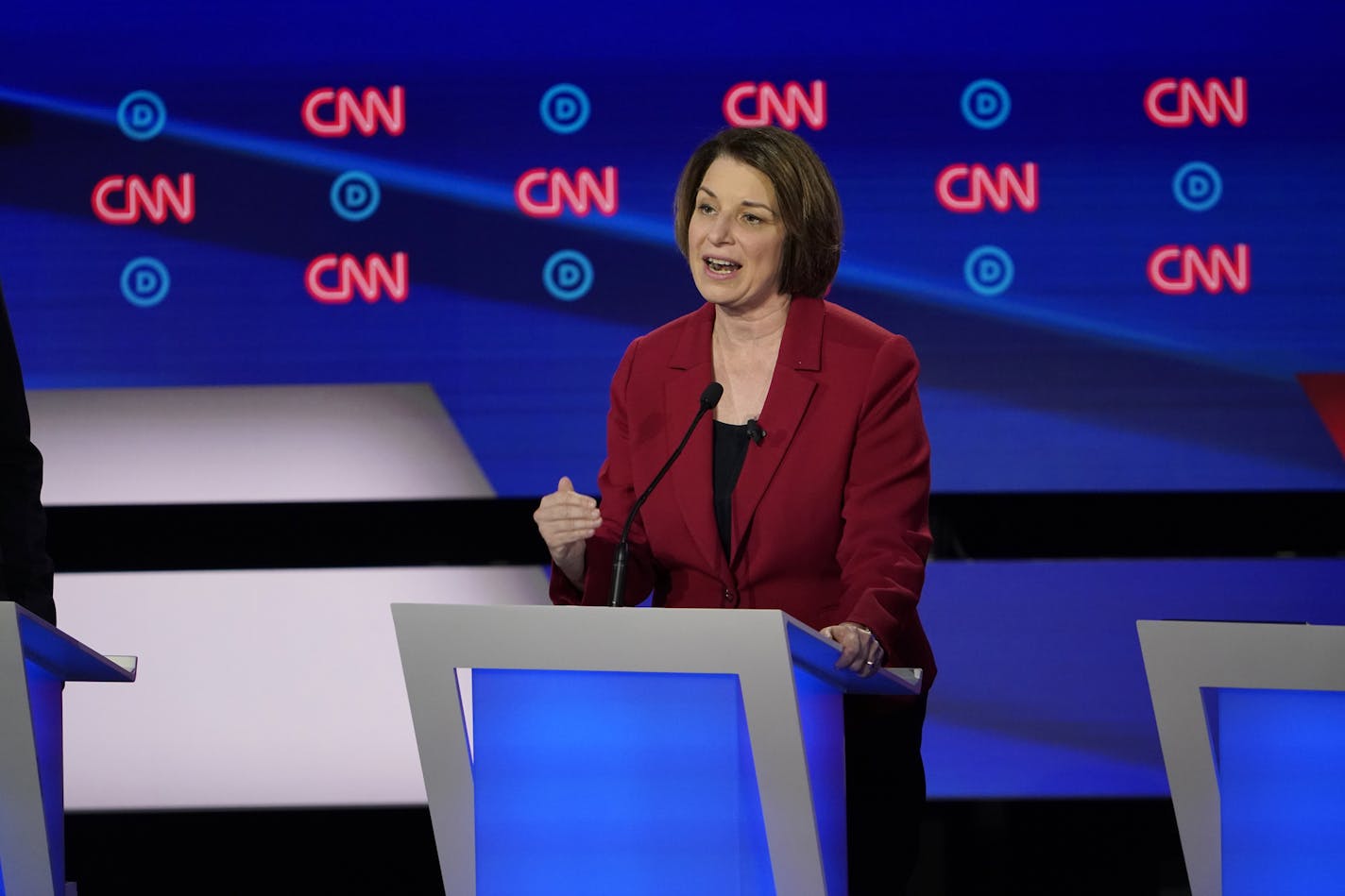 Sen. Amy Klobuchar (D-Mi&#xad;nn.) speaks during the first night of the second round of Democratic presidential debates, in Detroit, on Tuesday, July 30, 2019. (Erin Schaff/The New York Times)