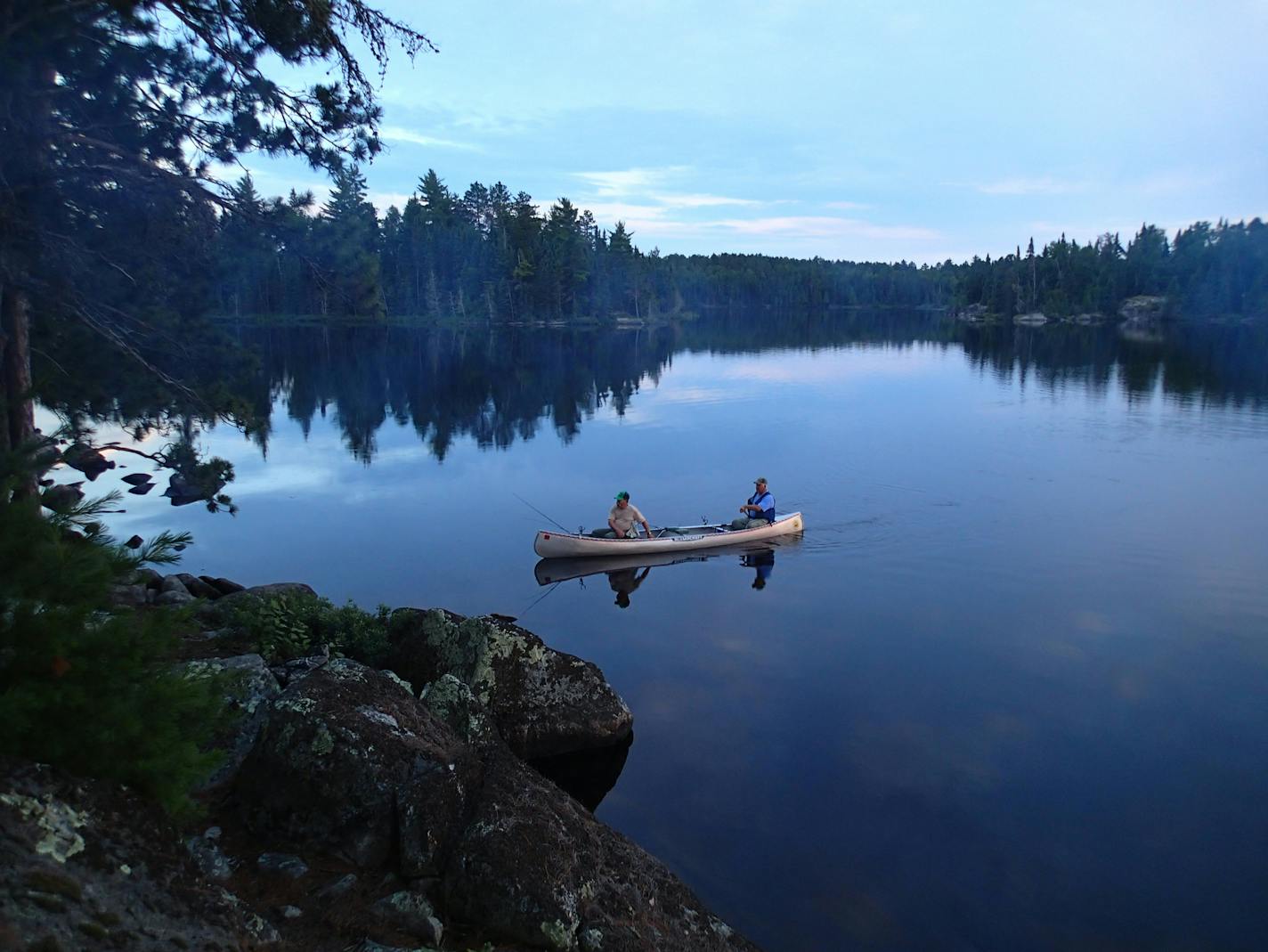 Tom Kalahar and Dave Swenson paddled back to camp after fishing one evening in Quetico Provincial Park in Ontario.