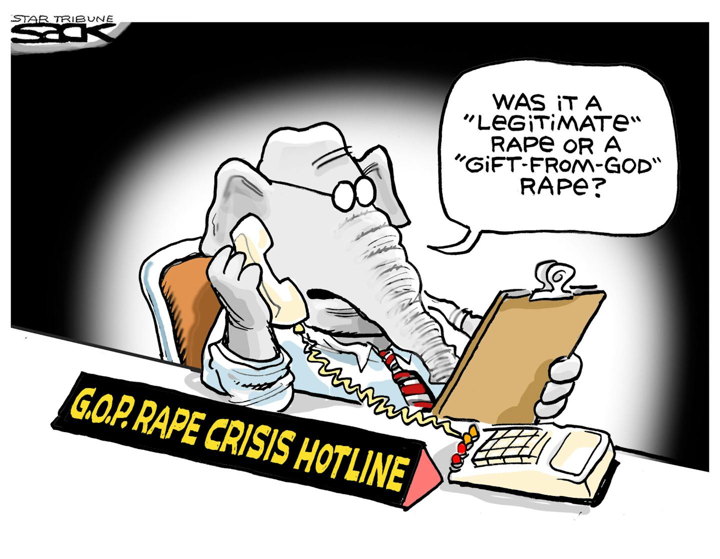 Steve Sack editorial cartoon for Oct. 26, 2012. Topic: GOP Indiana Senate candidate Richard Mourdock's statement that pregnancies that occur after rapes are 'intended' by God.