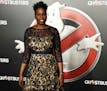 Leslie Jones, a cast member in the film "Ghostbusters," poses backstage during the Sony Pictures Entertainment presentation at CinemaCon 2016, at Caes