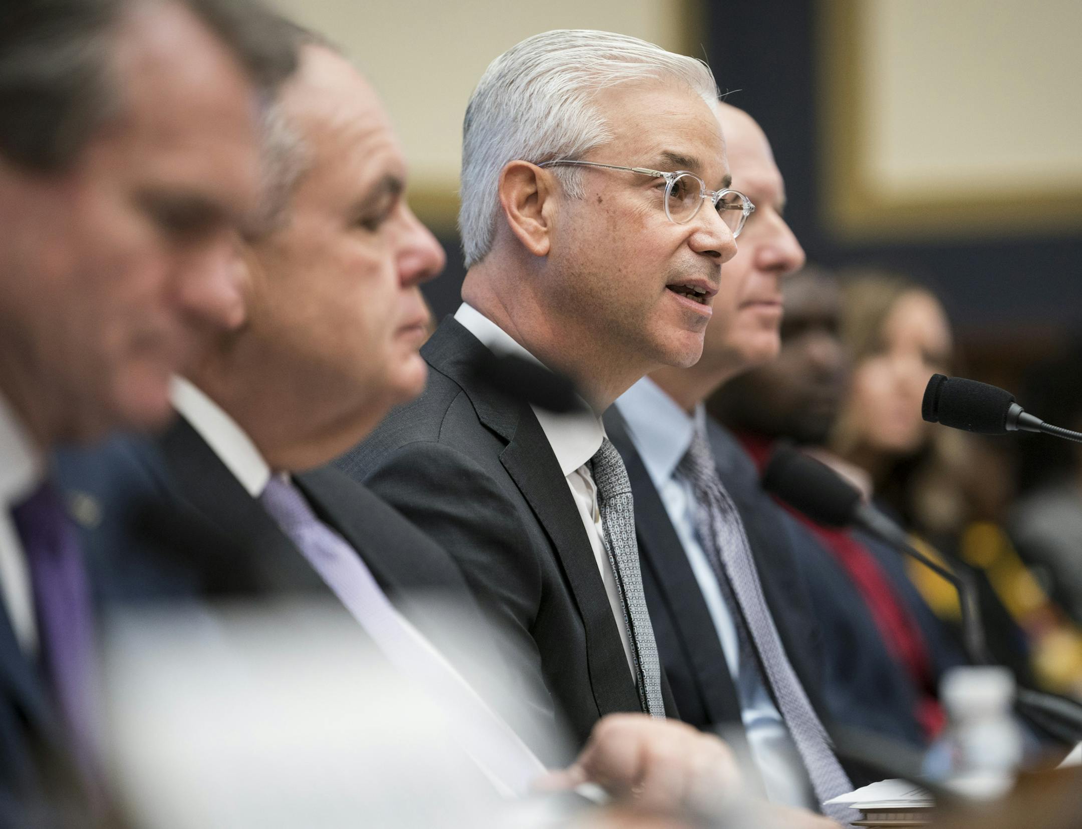 FILE-- Charles Scharf, then the chairman and chief executive of Bank of New York Mellon, testifies alongside other bank executives at House Financial Services Committee hearing on Capitol Hill in Washington, April 10, 2019. Wells Fargo, the scandal-plagued bank that has spent months searching for a new chief executive, announced on Sept. 27, 2019, that Scharf, the longtime banking veteran, had agreed to take the post. (Sarah Silbiger/The New York Times) ORG XMIT: XNYT49