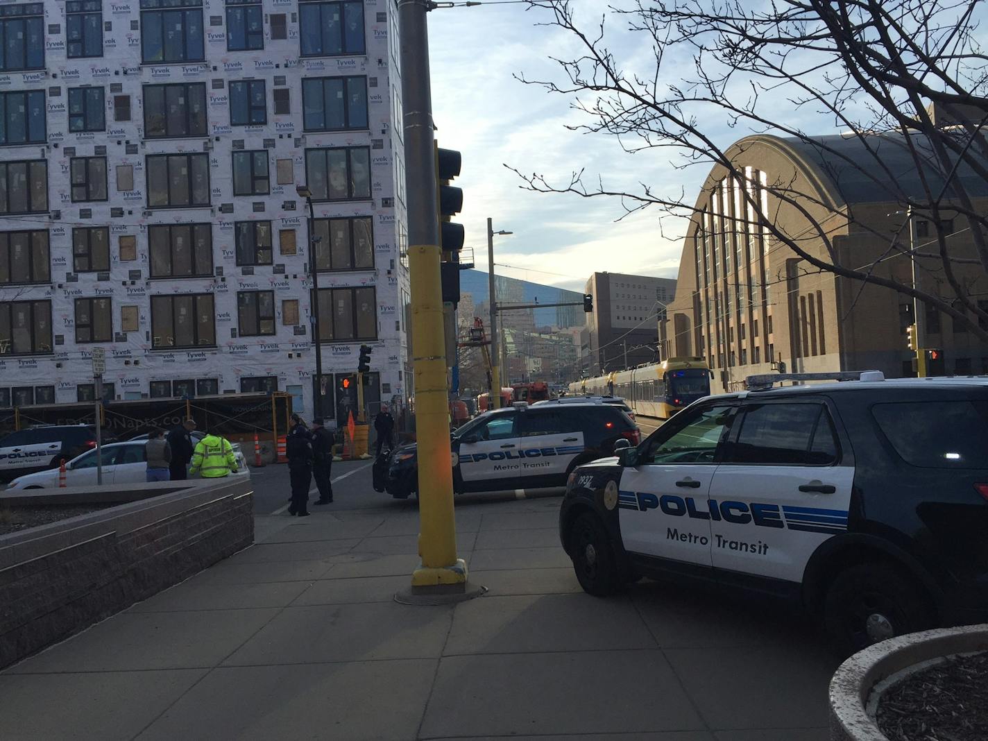 Police investigate a light rail train-car crash Tuesday morning at 5th Street and 5th Avenue S. in downtown Minneapolis.