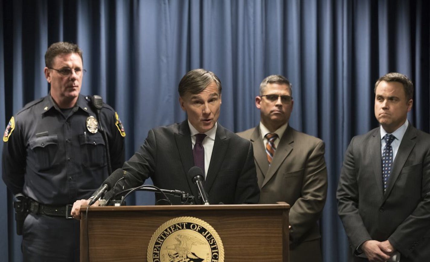 U.S. Attorney Greg Brooker spoke Tuesday in Minneapolis about the arrest and charging of three Illinois men in the 2017 bombing of the Dar al-Farooq Islamic Center in Bloomington.