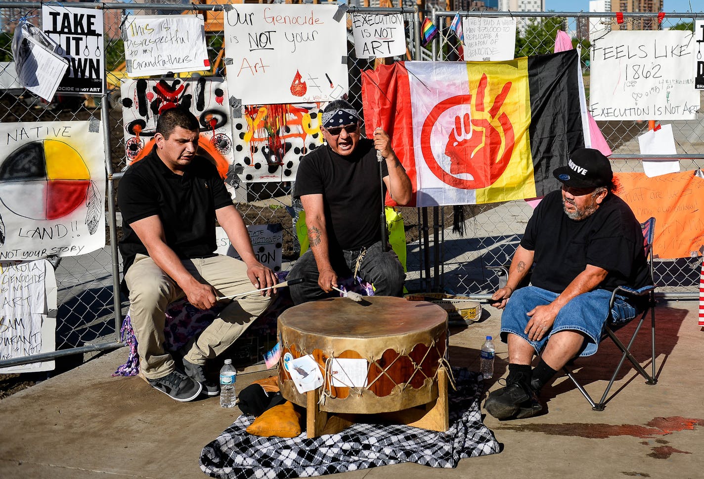 Members of the Dakota Sioux tribe held a drum ceremony in front of the &#x201c;Scaffold&#x201d; sculpture before it was dismantled in a Dakota-led ceremony.