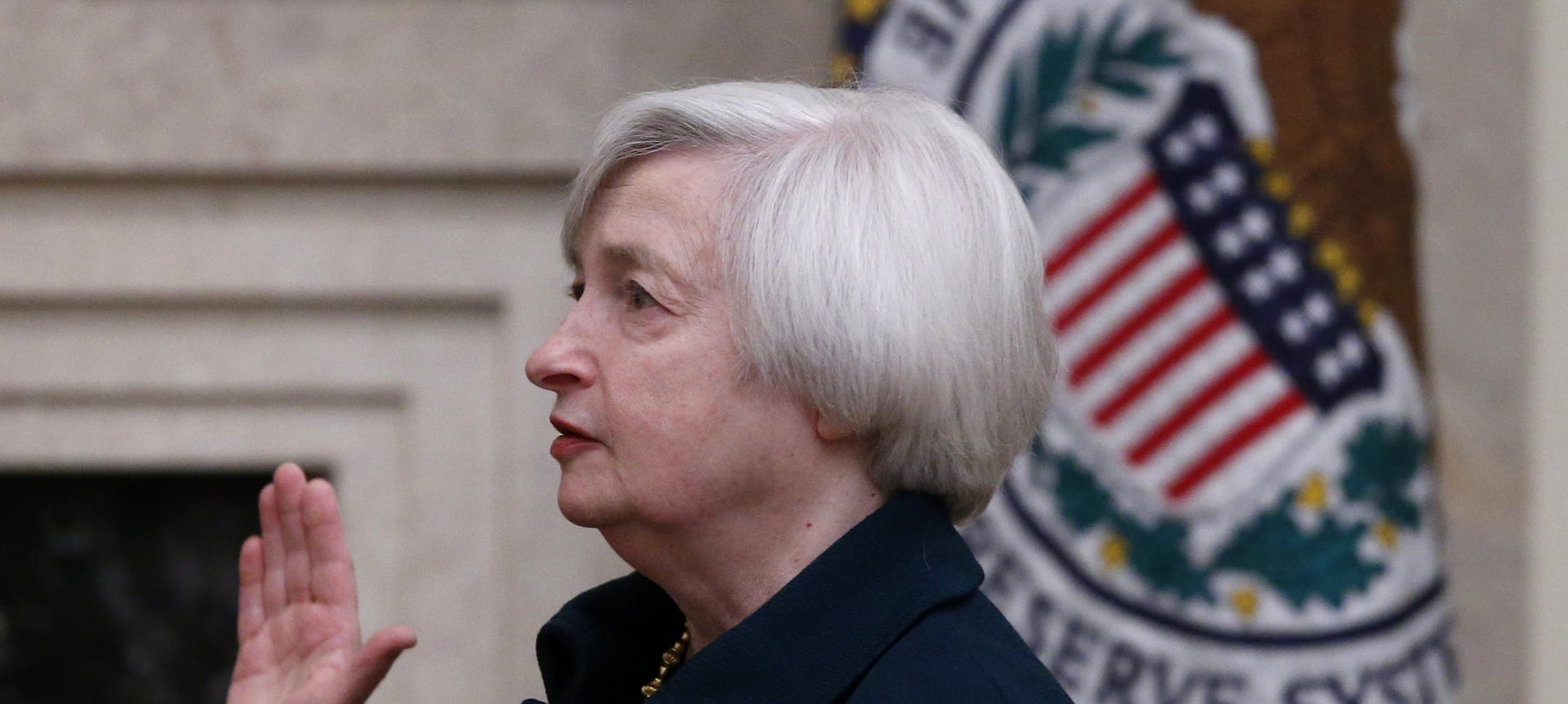 Janet Yellen is sworn in as Federal Reserve Board Chair, in Washington, Monday, Feb. 3, 2014, the first woman to lead the Federal Reserve. (AP Photo/Charles Dharapak)