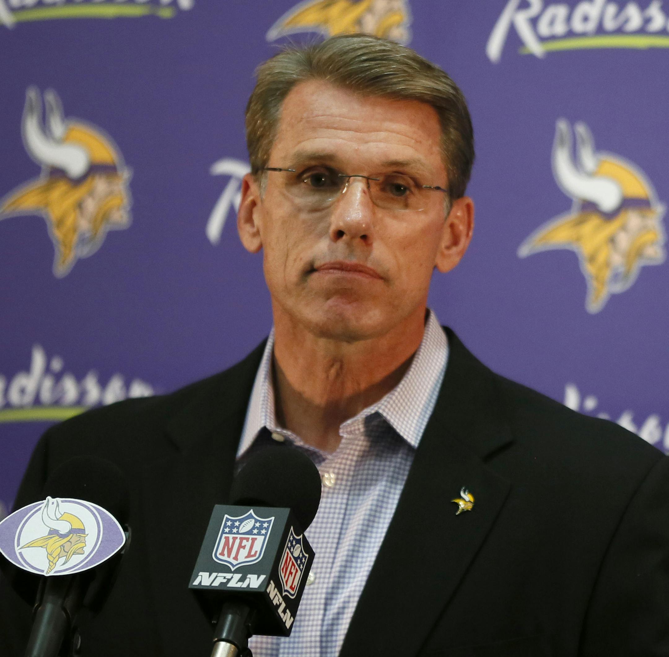 Vikings general manger Rick Spielman talked with reporters about the decision to play Adrain Peterson Sunday at New Orleans Monday September 15 , 2014 in Eden Prairie ,MN. ] Jerry Holt Jerry.holt@startribune.com ORG XMIT: MIN1409151456320472