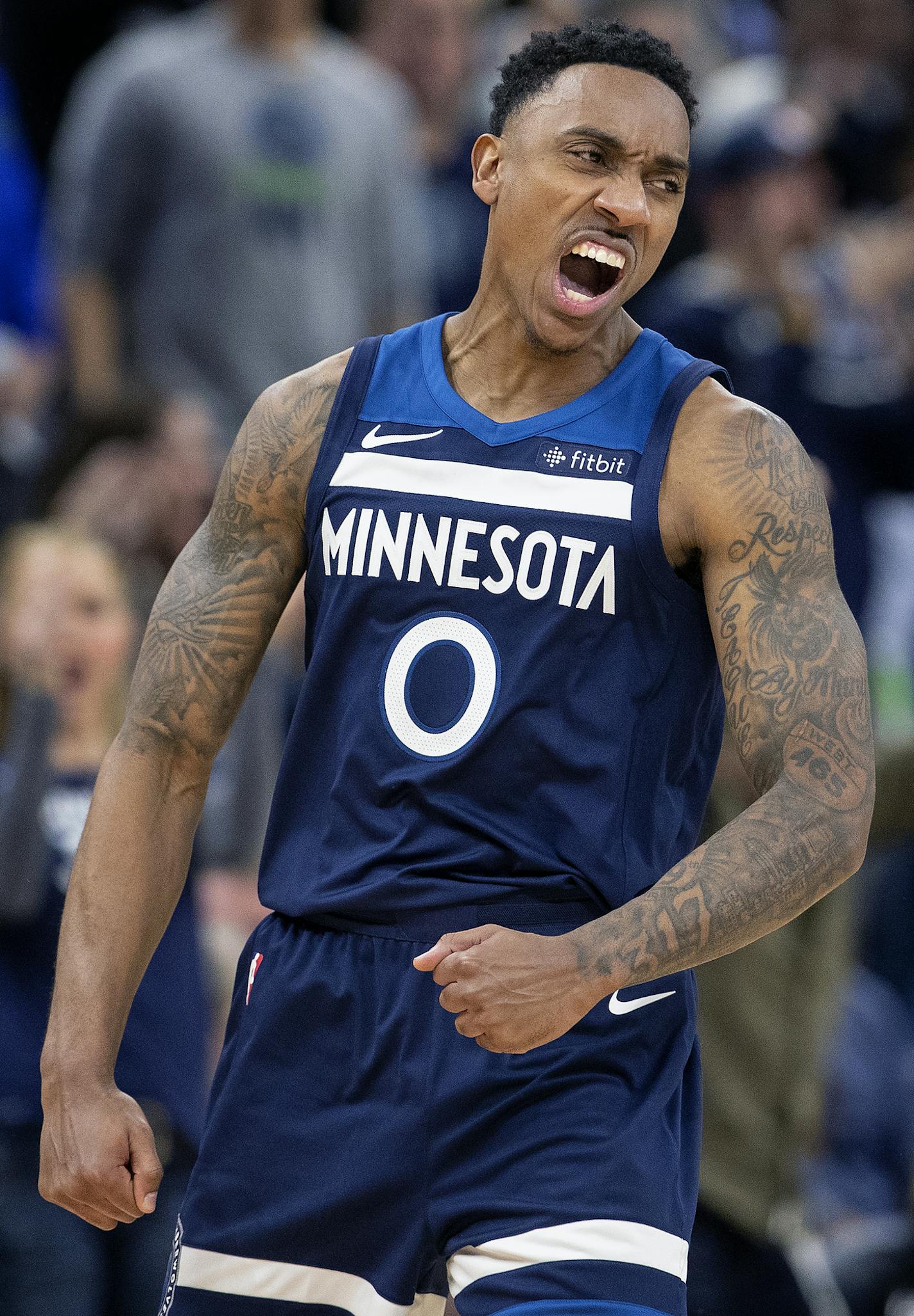 Minnesota Timberwolves Jeff Teague (0) reacted after scoring in the fourth quarter. ] CARLOS GONZALEZ &#xef; cgonzalez@startribune.com &#xf1; April 21, 2018, Minneapolis, MN, Target Center, NBA Playoffs, Basketball, Minnesota Timberwolves vs. Houston Rockets, Game 3