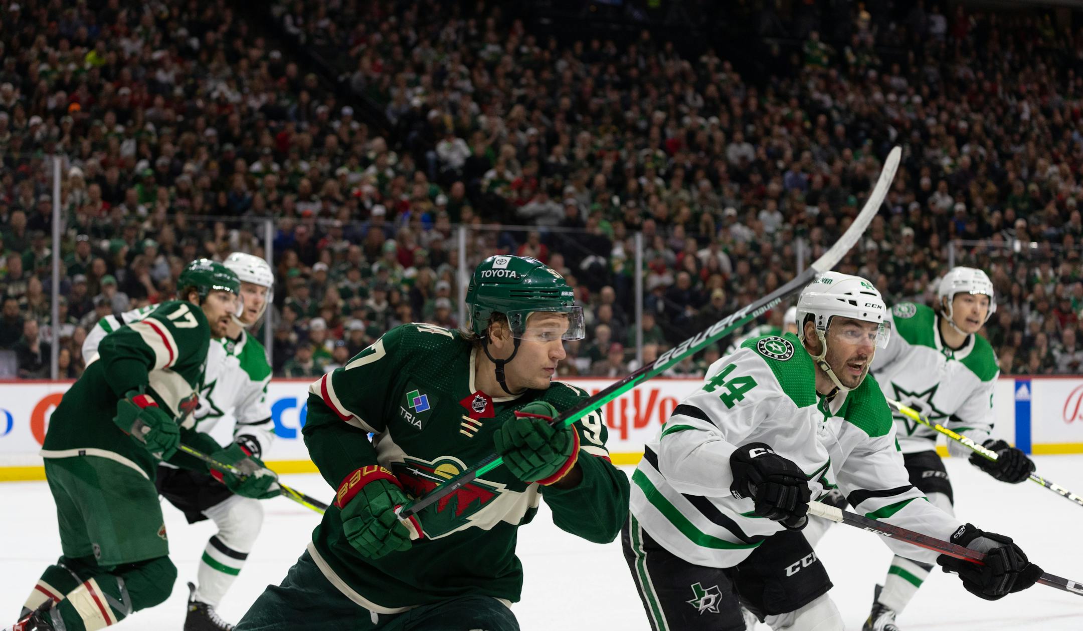 Minnesota Wild left wing Kirill Kaprizov (97) and Dallas Stars defenseman Joel Hanley (44) in the second period.