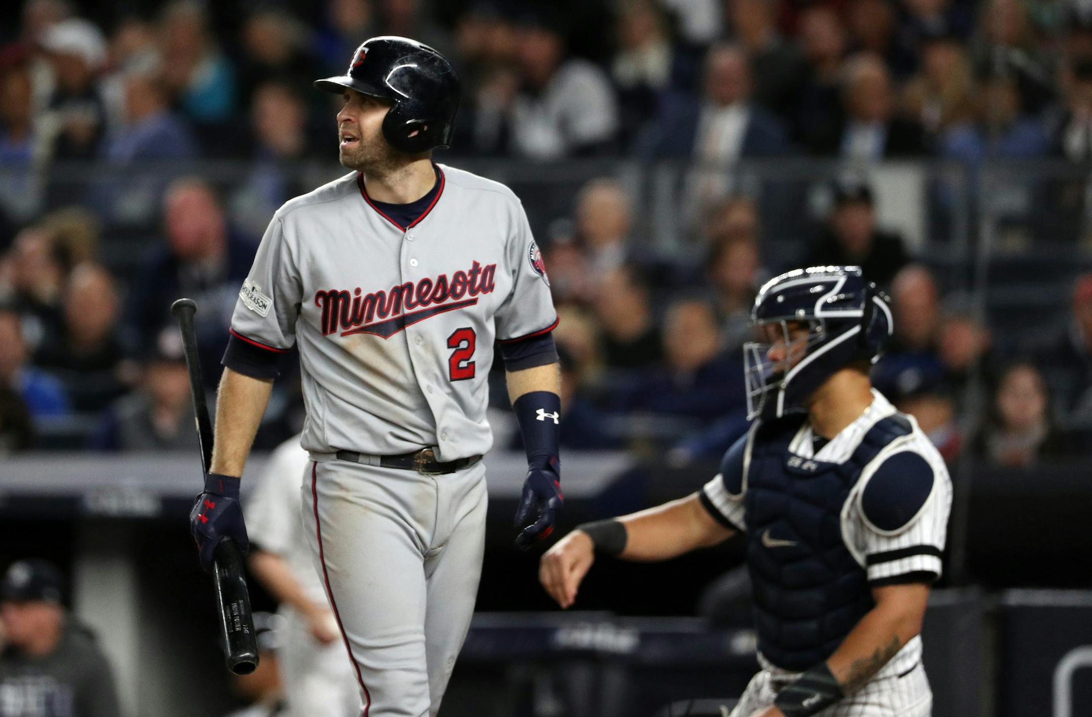 Minnesota Twins second baseman Brian Dozier (2) reacted after a strike the sixth inning. ] ANTHONY SOUFFLE ï anthony.souffle@startribune.com Game action from an American League Wild Card playoff game between the Minnesota Twins and the New York Yankees Tuesday, Oct. 3, 2017 at Yankee Stadium in New York.
