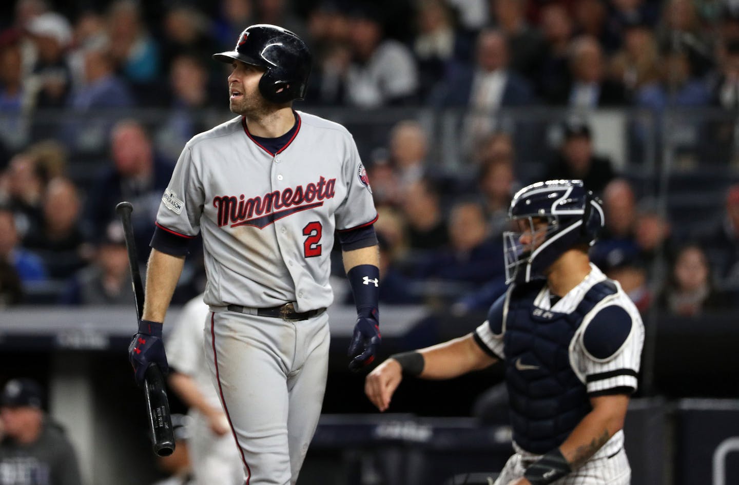 Minnesota Twins second baseman Brian Dozier (2) reacted after a strike the sixth inning. ] ANTHONY SOUFFLE &#xef; anthony.souffle@startribune.com Game action from an American League Wild Card playoff game between the Minnesota Twins and the New York Yankees Tuesday, Oct. 3, 2017 at Yankee Stadium in New York.