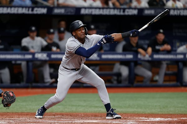 New York Yankees' Miguel Andujar bats against the Tampa Bay Rays during the eighth inning of a baseball game Saturday, May 28, 2022, in St. Petersburg
