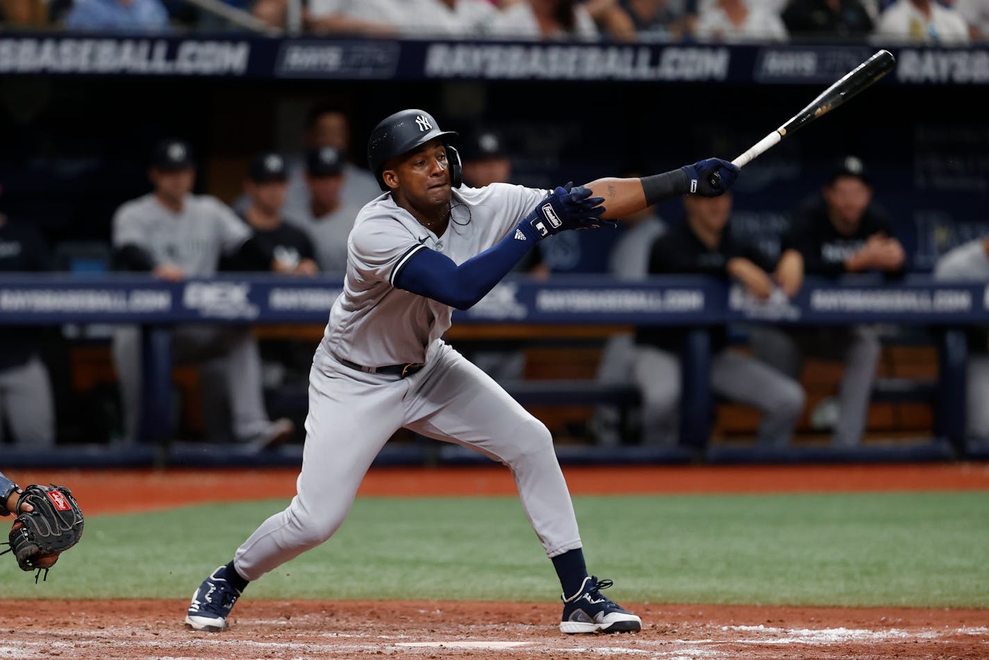 New York Yankees' Miguel Andujar bats against the Tampa Bay Rays during the eighth inning of a baseball game Saturday, May 28, 2022, in St. Petersburg, Fla. (AP Photo/Scott Audette)