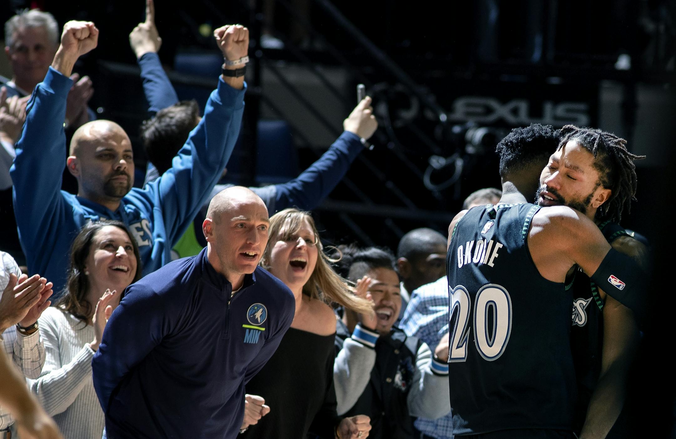 Derrick Rose was hugged by Josh Okogie at the end of the game. Rose scored a career high 50 points.