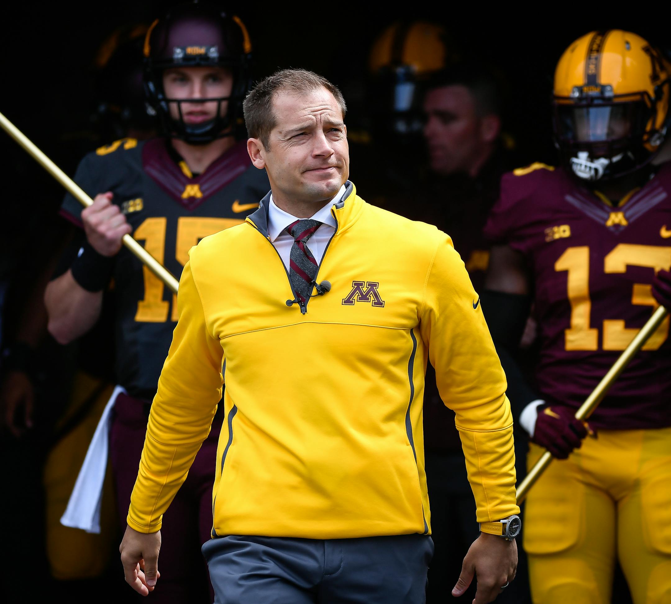 University of Minnesota head coach P.J. Fleck emerged from the tunnel before the start of Saturday afternoon's spring game. ] AARON LAVINSKY &#xef; aaron.lavinsky@startribune.com The University of Minnesota Golden Gophers football team played their annual spring game on Saturday, April 17, 2017 at TCF Bank Stadium in Minneapolis, Minn.