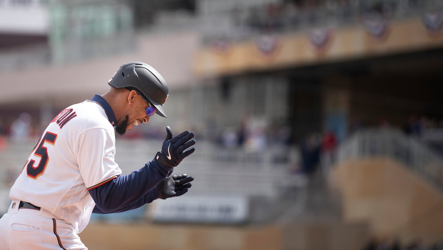 Minnesota Twins center fielder Byron Buxton (25) celebrates his second home run of the game with ) in the second inning in Minneapolis, Minn., on Sunday, April 10, 2022.