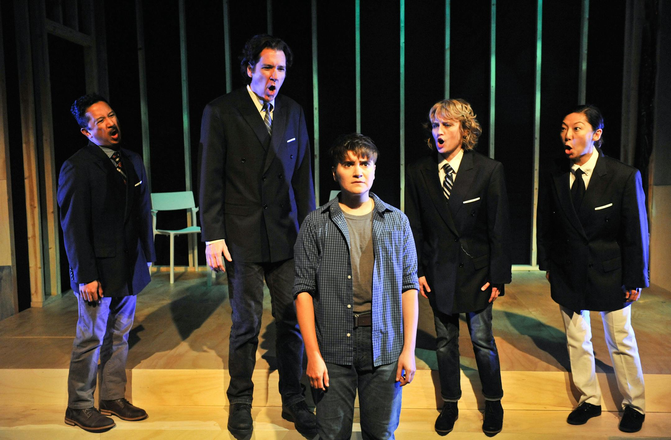 Randy Reyes, Paul de Cordova, Jay Eisenberg, Tracey Maloney and Sun Mee Chomet in "[Almost Equal To]" at Pillsbury House Theatre.