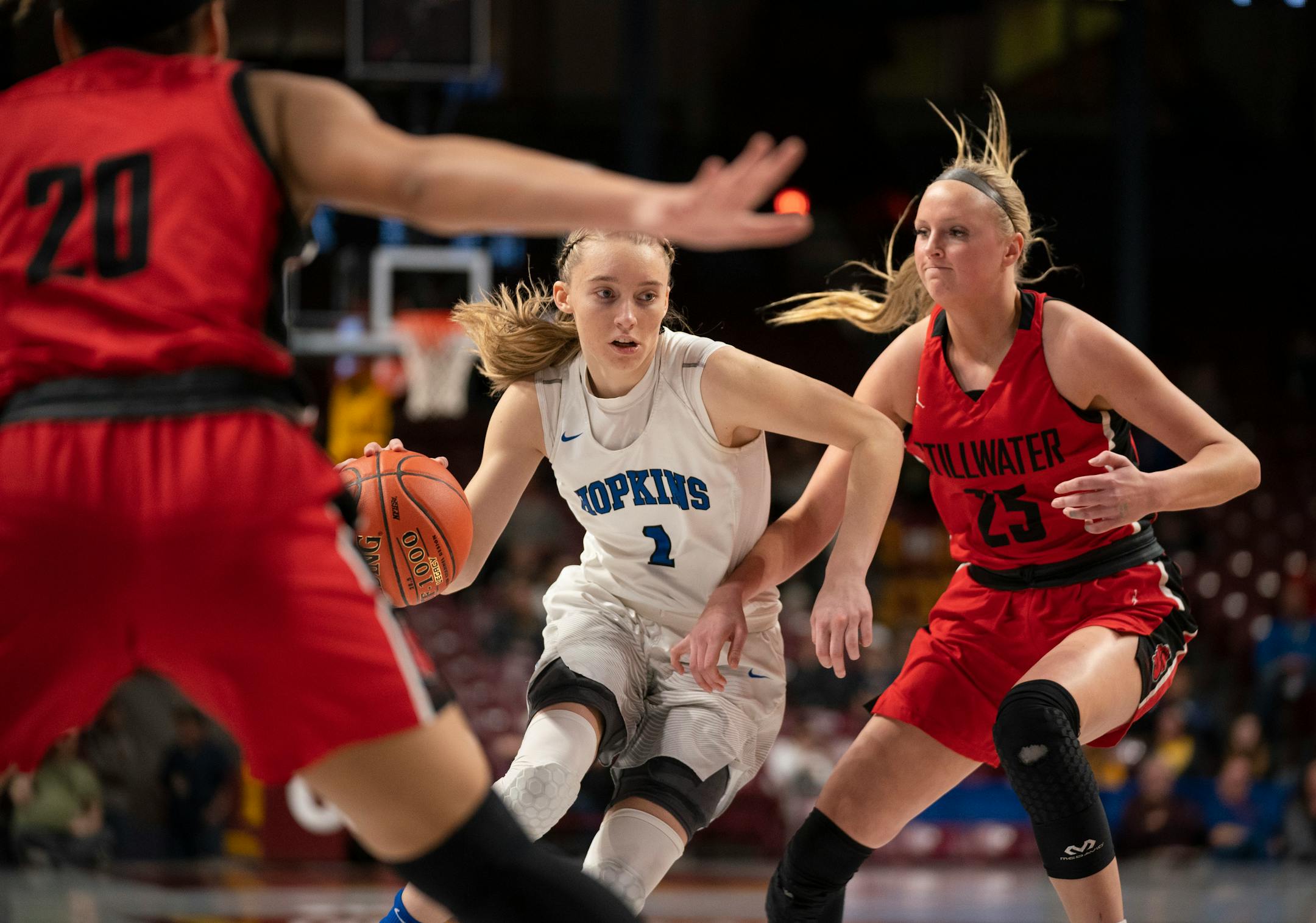 Former Hopkins star Paige Bueckers (1), who was Minnesota's Miss Basketball and the Star Tribune Metro Player of the Year last year, is a freshman with the University of Connecticut. The Huskies have postponed their first four games after a member of the program tested positive for COVID-19.