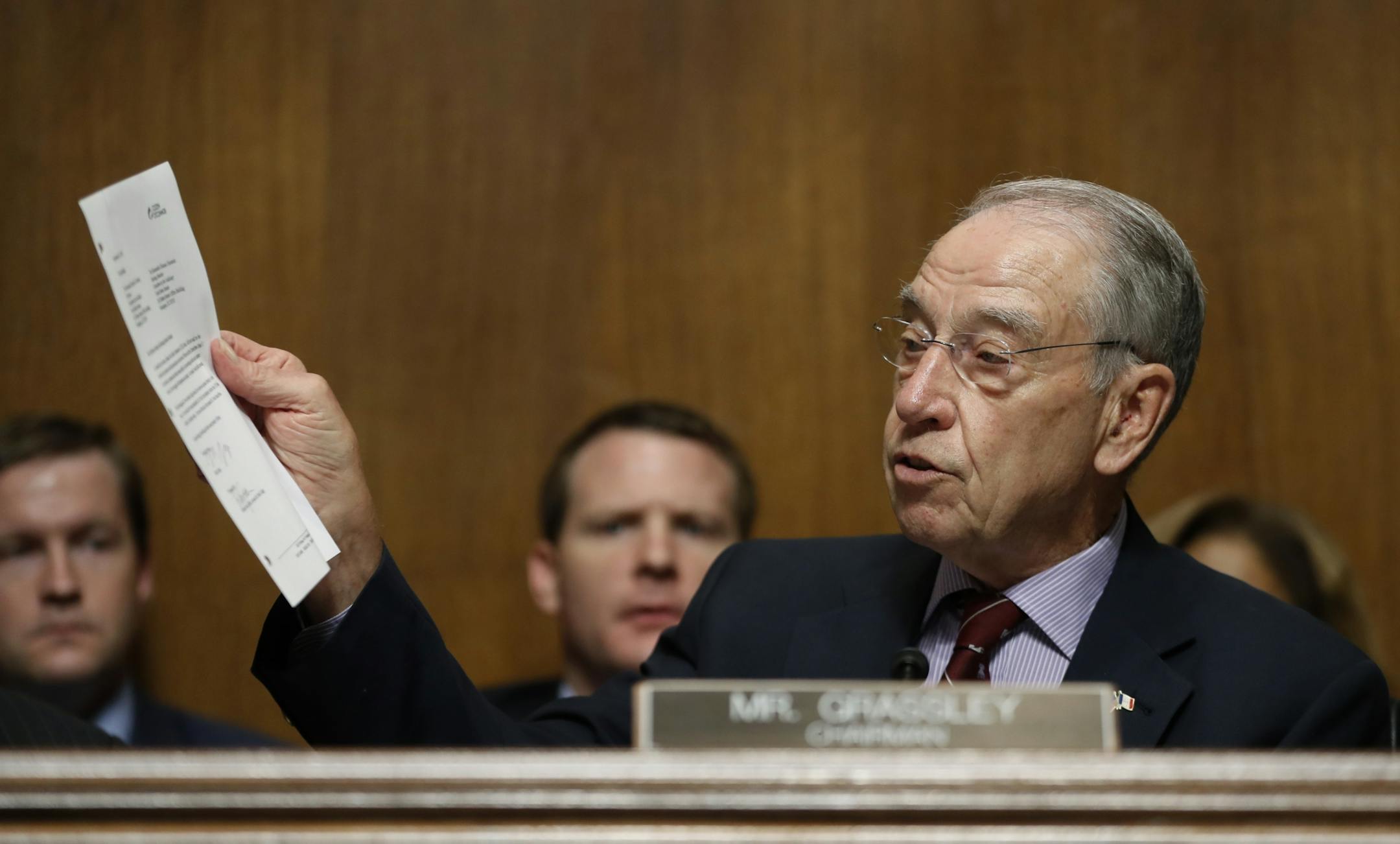 Senate Judiciary Committee Chairman Chuck Grassley of Iowa chairs a meeting of the committee, Friday, Aug. 28, 2018 on Capitol Hill in Washington.