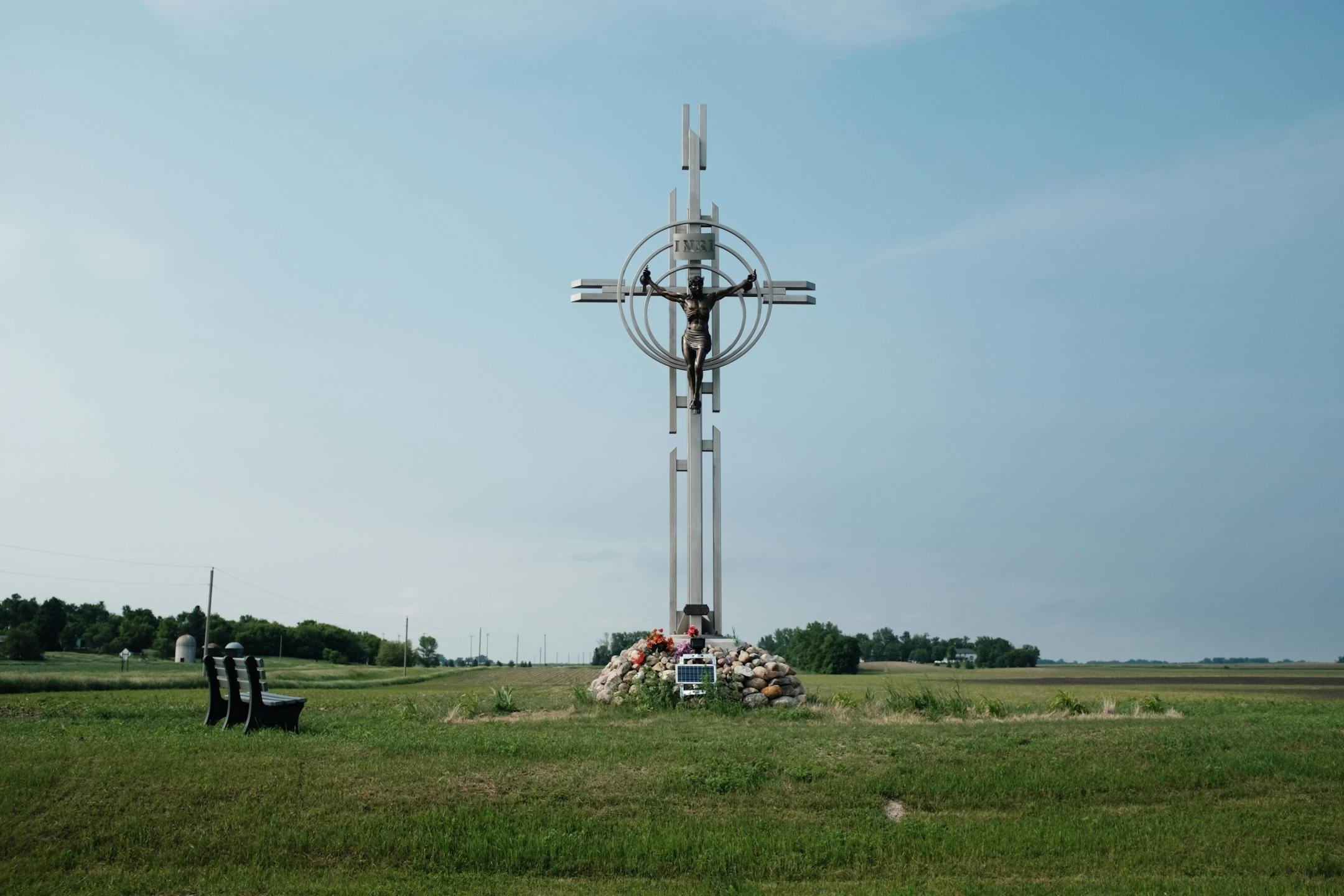 A 30-foot crucifix erected by Mike Dolan marks the turn off to Irish Yard.