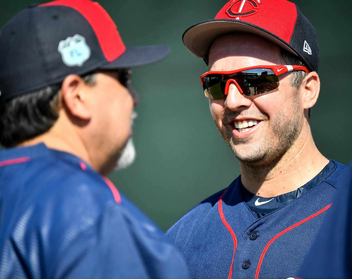 Minnesota Twins bullpen coach Eddie Guardado (18) and relief pitcher Brandon Kintzler (27) talked during practice in the bullpen Wednesday morning. ] AARON LAVINSKY &#xef; aaron.lavinsky@startribune.com Minnesota Twins pitchers and catchers took part in Spring Training on Wednesday, Feb. 15, 2017 at CenturyLink Sports Complex in Fort Myers, Fla.