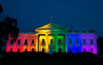 The White House is illuminated in celebration after the Supreme Court ruled that the Constitution guarantees a right to same-sex marriage, on Friday, 