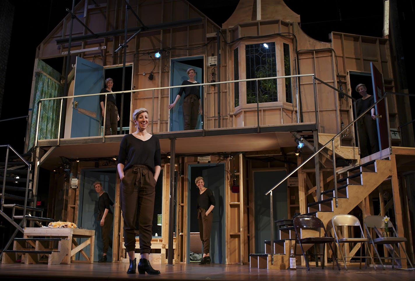 Kate Sutton-Johnson with her set for the Guthrie's production of "Noises Off" in a composite photograph. ] JEFF WHEELER &#xef; jeff.wheeler@startribune.com Kate Sutton-Johnson's rotating set for the Guthrie's production of "Noises Off" will be a star of the show. She was photographed Wednesday evening, October 24, 2018 with her set for the show.