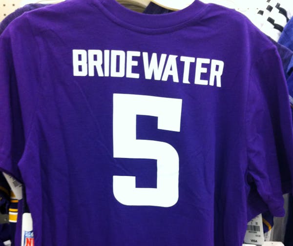 Vikings jersey-style shirts at the Southdale Target in Edina have the last name of new Vikings QB Teddy Bridgewater misspelled across the back.