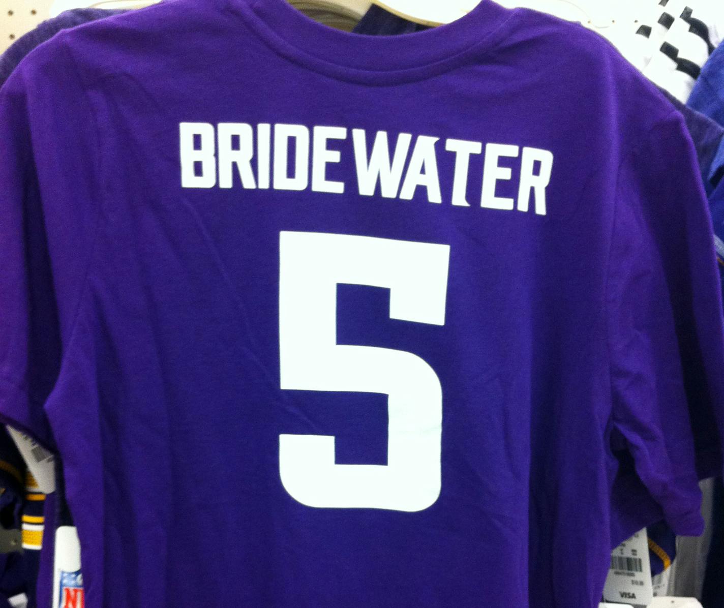 Vikings jersey-style shirts at the Southdale Target in Edina have the last name of new Vikings QB Teddy Bridgewater misspelled across the back.