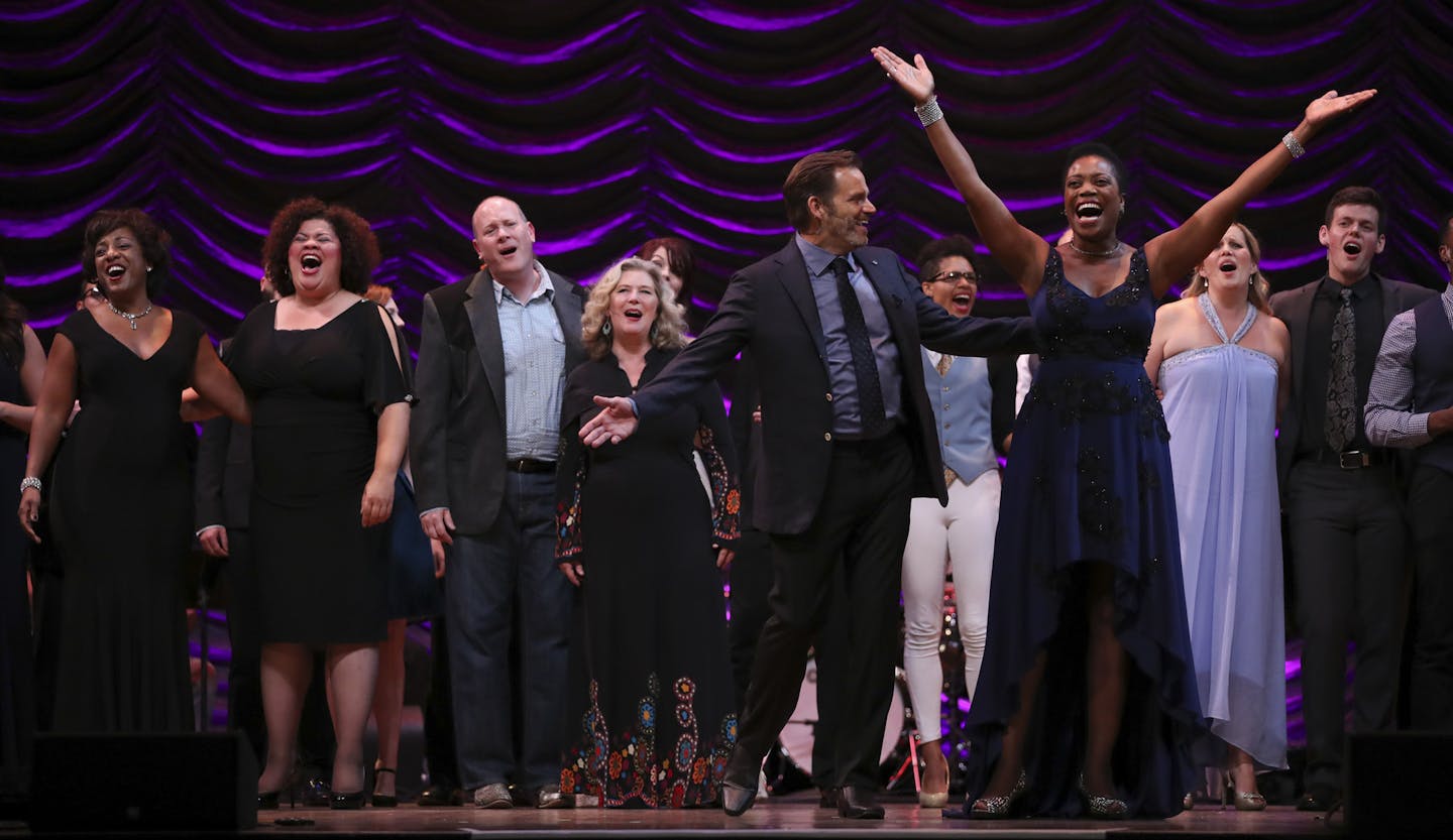 Co-hosts Mark Benninghofen, center, and Regina Marie Williams, to his left, led an all-star cast in a sing-along of "What the World Needs Now" to close out the 2016 Ivey Awards Monday night. ] JEFF WHEELER &#xef; jeff.wheeler@startribune.com The annual celebration of the Twin Cities&#xed; Theater Community, the 2016 Ivey Awards, were held Monday night, September 19, 2016 at the Historic State Theatre in Minneapolis.