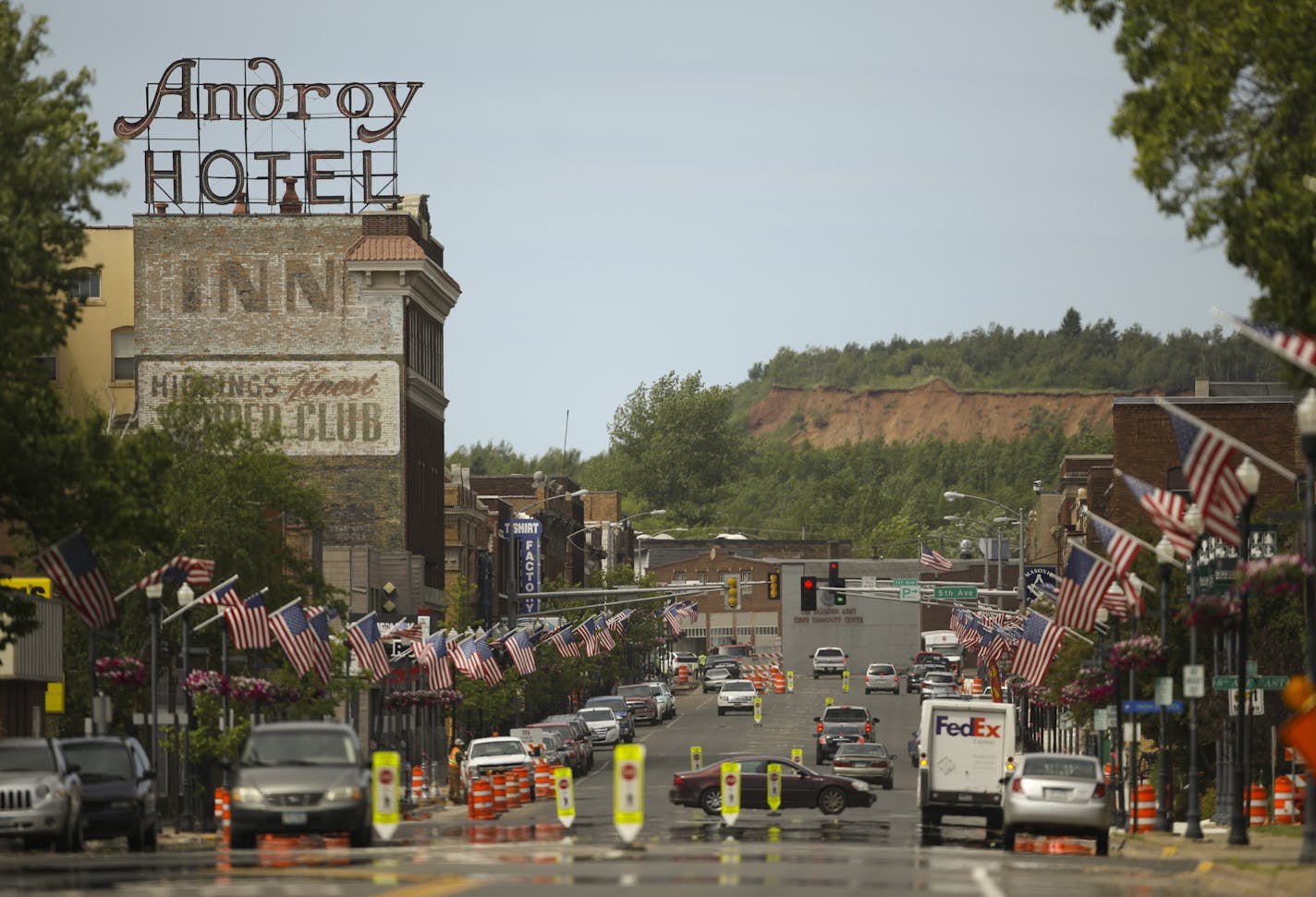 Hibbing's E. Howard St. was decorated with American flags for Flag Day and July 4th, as seen early Thursday morning. ] JEFF WHEELER &#xef; jeff.wheeler@startribune.com The economy on the Iron Range is in a boom cycle currently with mines operating and new business betting on the current upswing lasting. The breakfast rush at Bailey&#xed;s Courtyard Caf&#xc8; in downtown Hibbing was photographed Thursday morning June 14, 2018.