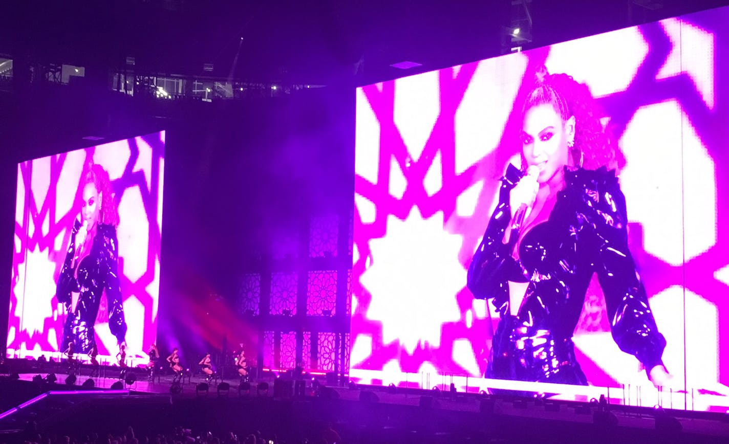 Beyonce and Jay-Z perform in concert at US Bank Stadium Wednesday evening. In this photos, her image appears on a large screen at the concert. ] Photo credit: Chris Riemenschneider/Star Tribune Minneapolis, MN 8/8/18