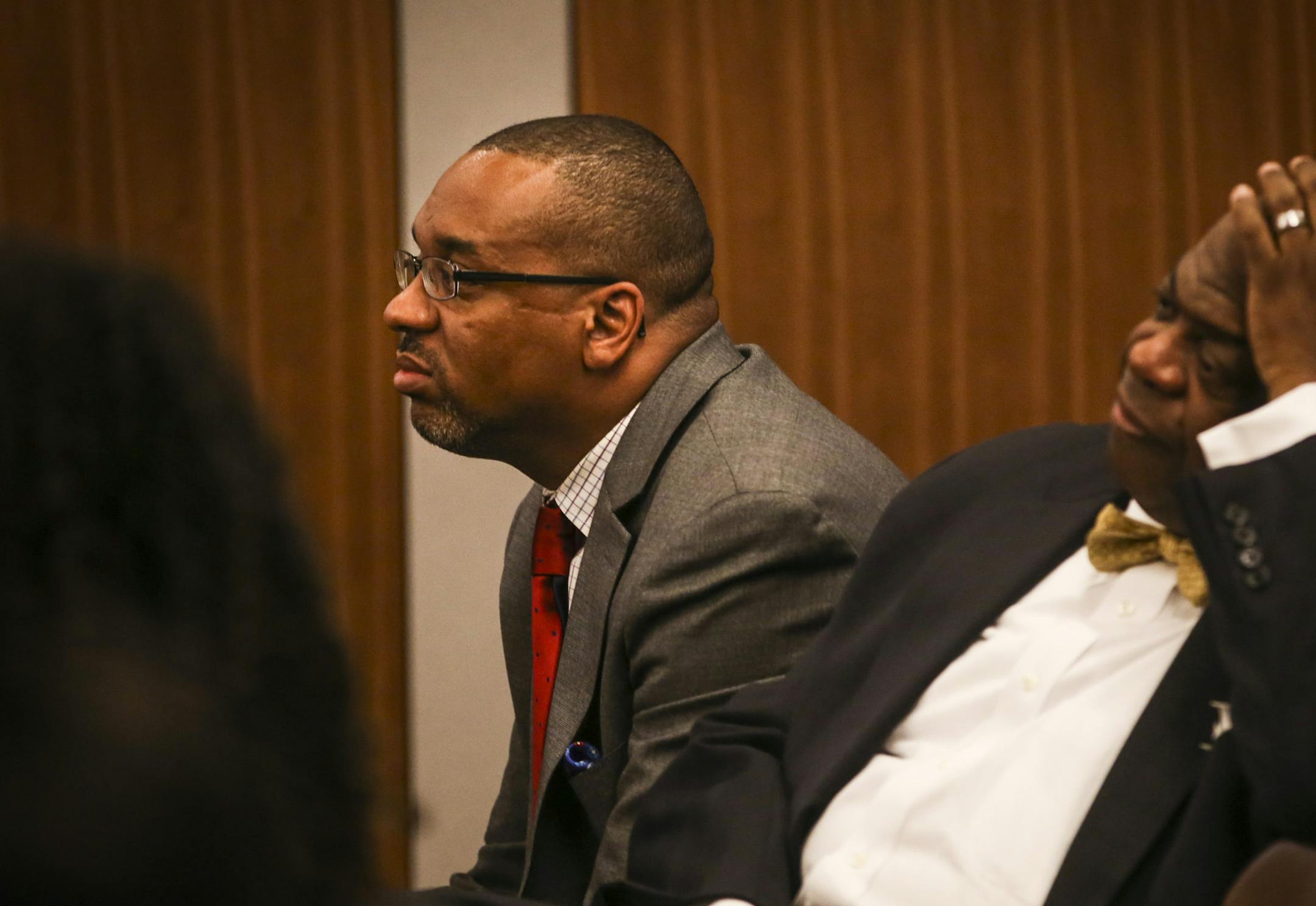 Urban League CEO Scott Gray, left, and Chair Clinton Collins Jr. during a Minneapolis School Board meeting where they decided to bench a vote on whether to fund the Urban League in Minneapolis, Minn., on Tuesday, April 14, 2015. ] RENEE JONES SCHNEIDER &#x2022; reneejones@startribune.com