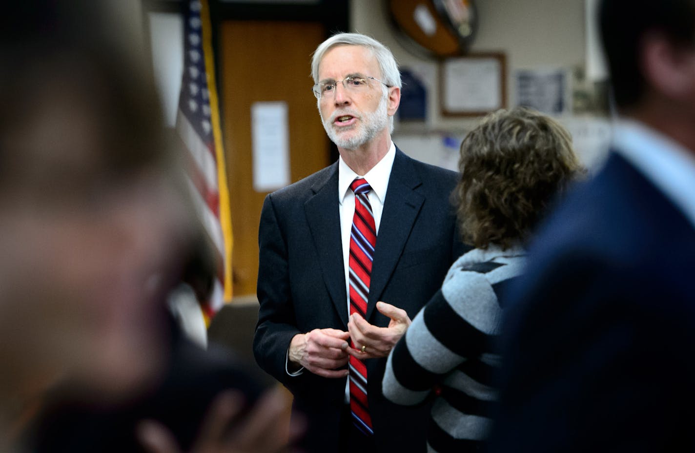 Judge Philip Bush mingled with well-wishers at the Hennepin County courthouse. ] GLEN STUBBE * gstubbe@startribune.com Friday, March 6, 2015 Hennepin County Judge Philip Bush is retiring. Well respected judge who was instrumental in starting Extended Juvenile Jurisdiction, which allows juvenile defendants with more serious crimes to try and work things out in juvenile court