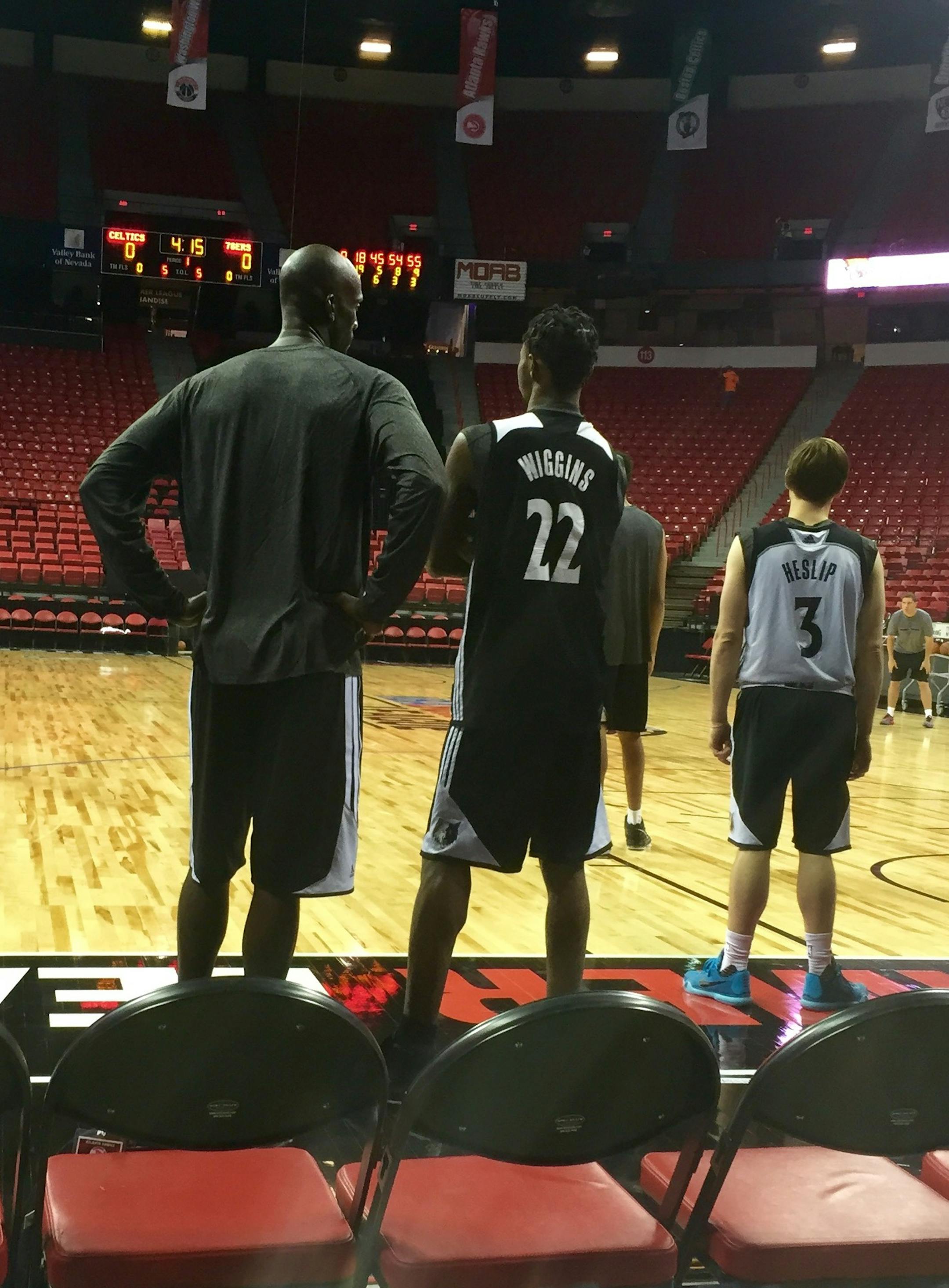 In this photo provided by the Timberwolves, Kevin Garnett and Andrew Wiggins talked at the NBA Las Vegas Summer League Monday, July 13, 2015 in Las Vegas.