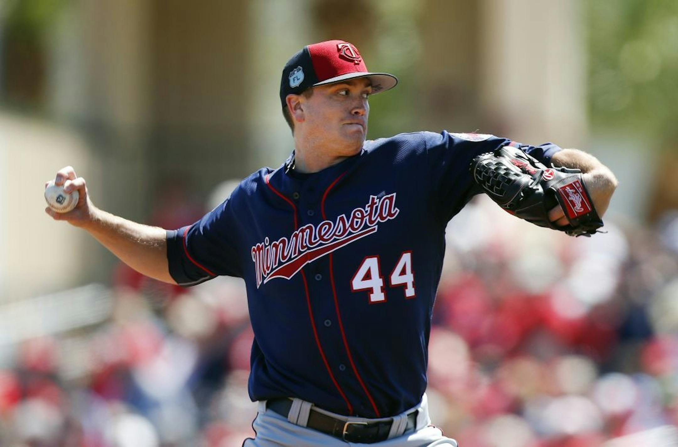 Minnesota Twins starting pitcher Kyle Gibson works the second inning of a spring training baseball game against the St. Louis Cardinals, Thursday, March 16, 2017, in Jupiter, Fla.