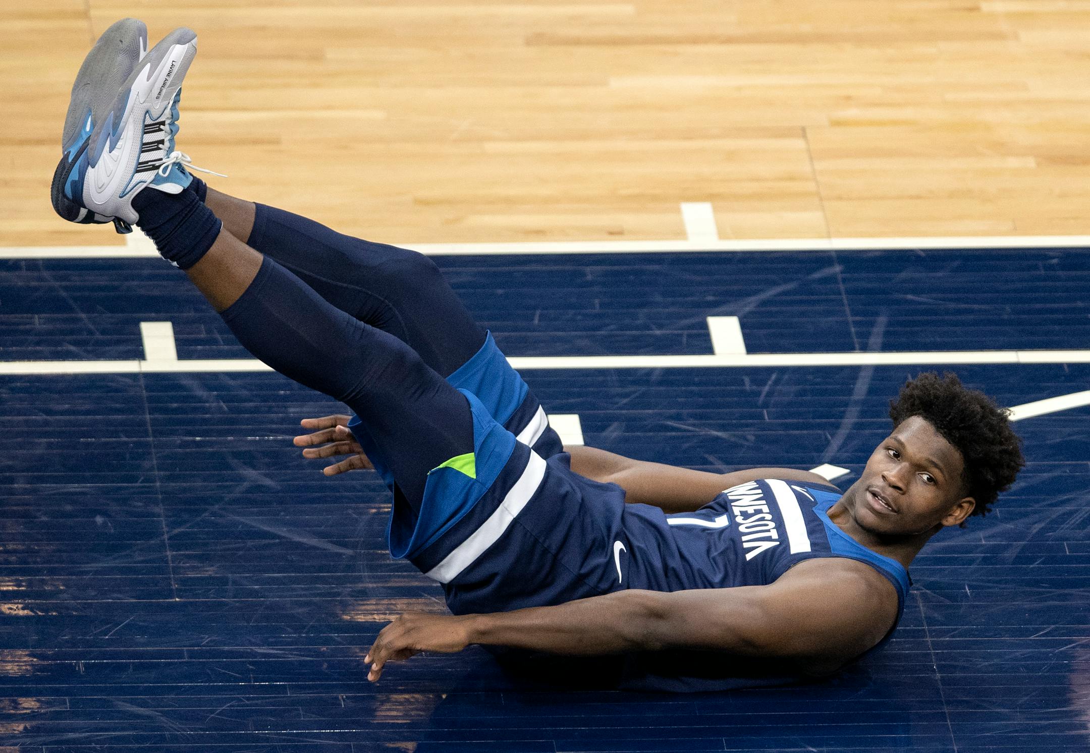 Anthony Edwards (1) of the Minnesota Timberwolves was fouled in the fourth quarter.