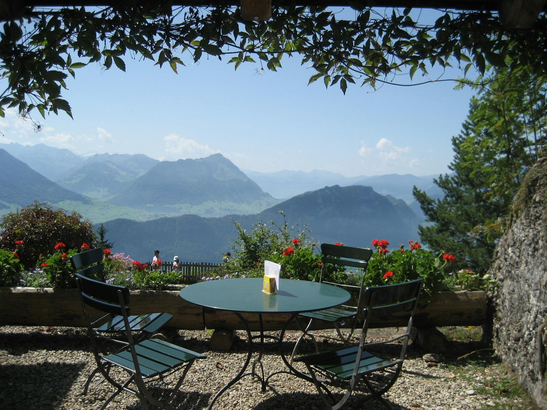 Photo by Christy DeSmith. A modest patio with immodest views - at Felsentor, a spiritual retreat center on Switzerland's Mount Rigi.