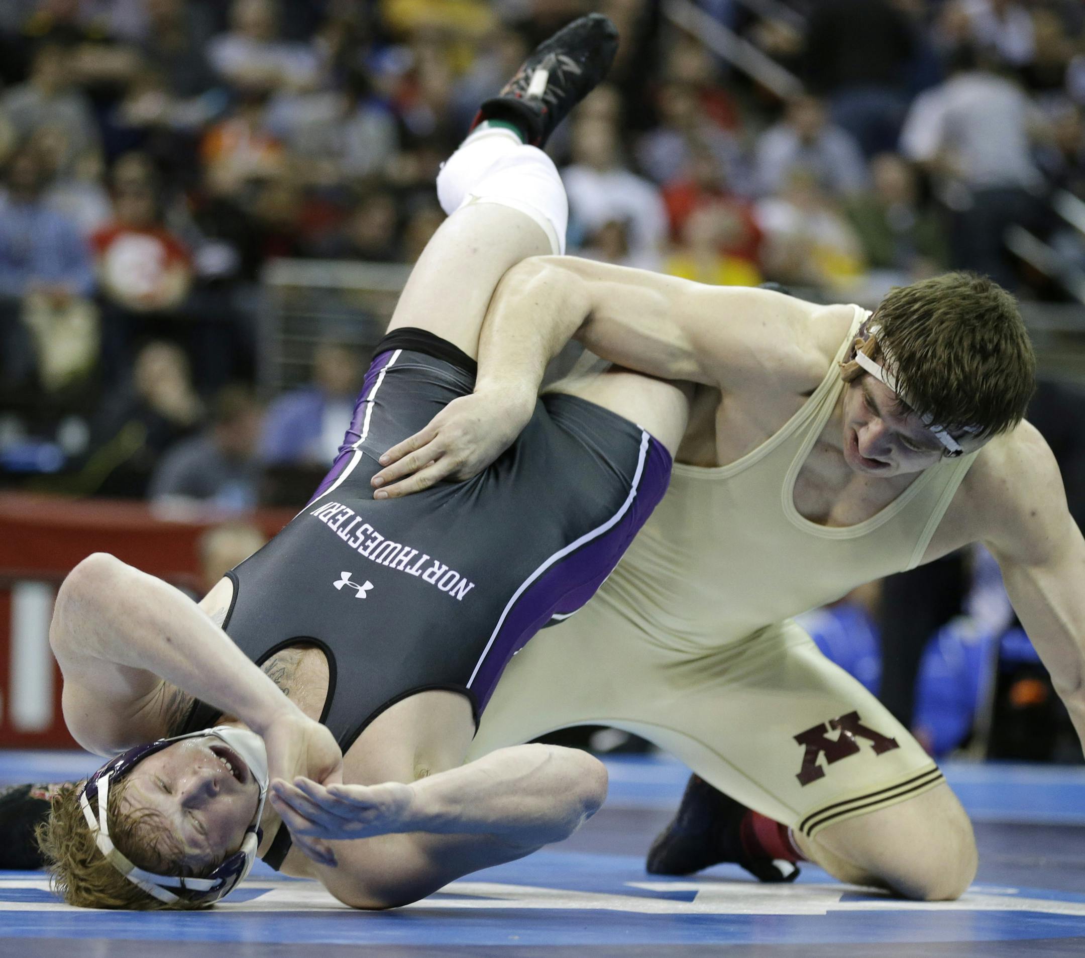 Minnesota's Tony Nelson, right, controls Northwestern's Michael McMullan during their 285-pound title match at the NCAA Division I wrestling championships, Saturday, March 23, 2013, in Des Moines, Iowa. Nelson won the match. (AP Photo/Charlie Neibergall)
