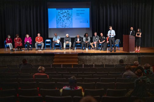 Mayor Jacob Frey addressed a crowd at North High School with his commitment to address recent violence in the community around North High School while sitting on stage with other city, state, and county officials during a North High PTA town hall meeting to address recent safety concerns on Thursday, Oct. 27, 2022 in Minneapolis, Minn.